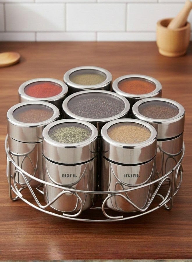 مارو طقم حاويات تخزين مارو من الفولاذ المقاوم للصدأ 8 في 1 للمطبخ، مزود بأغطية شفافة ملولبة وحامل سلكي دائري، صندوق تخزين متين متعدد الأغراض للمطبخ، مثالي للتوابل والأعشاب والفواكه المجففة، فضي اللون - Image 4